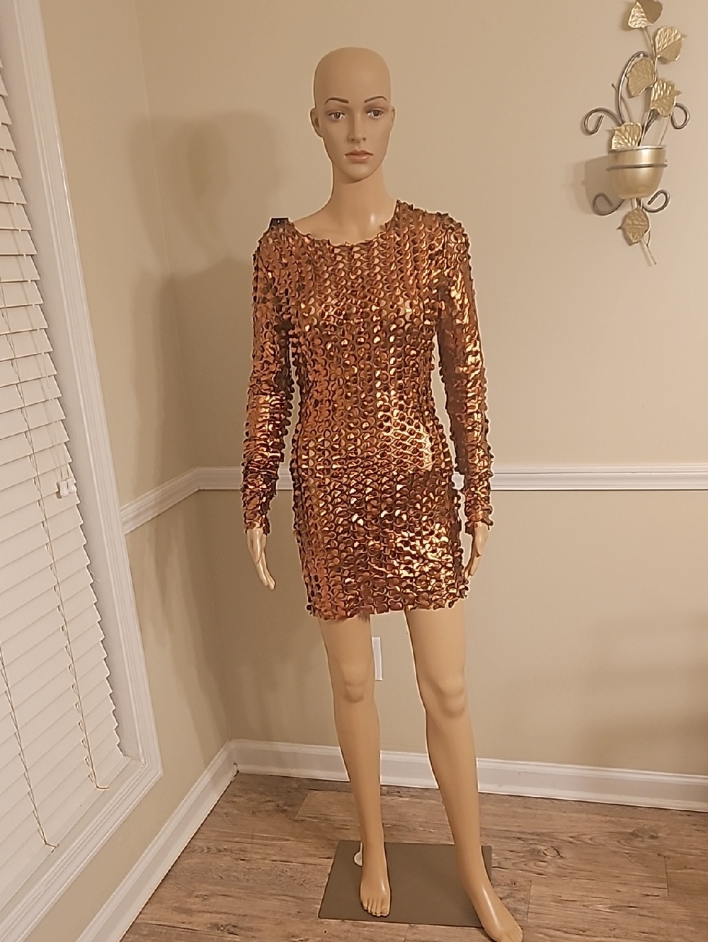 Copper Sequin Long-Sleeve Mini Dress - Shimmering Evening Dress